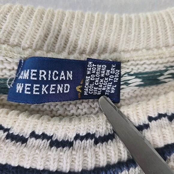 American Weekend Men XL Sweater Cream Blue Nordic Grandpacore Cabin 90s Prep Ski - Picture 6 of 6